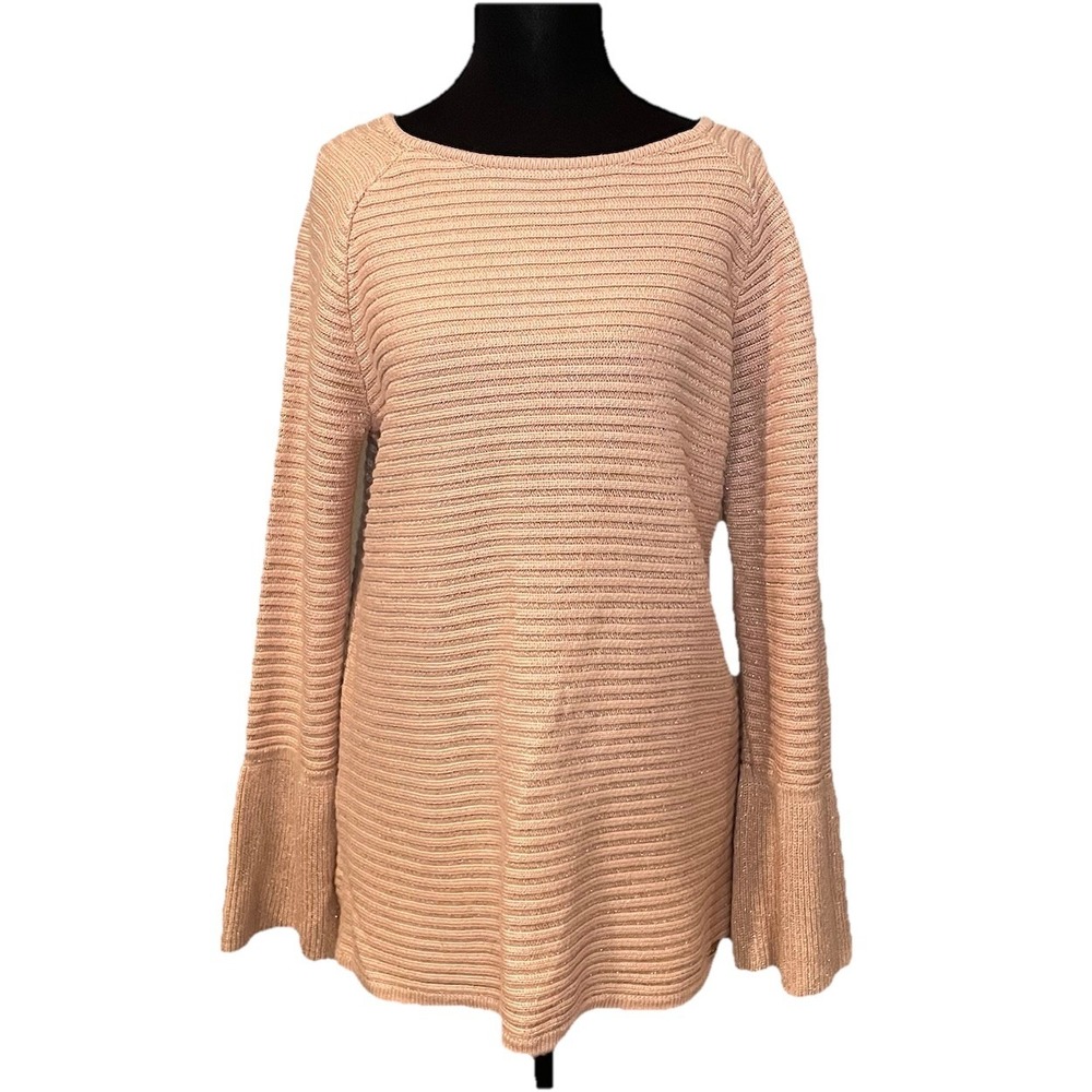 Calvin Klein Small Pink and Gold Bell Sleeve Ribbed Knit Sweater Boat Neck